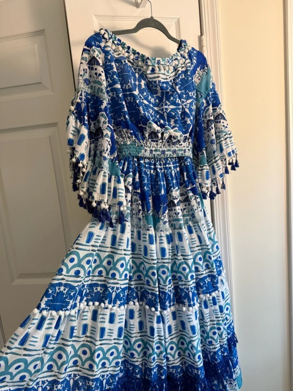 Antica Sartoria Positano Italy 2pc Top Skirt Set Blue Tassel Pom Pom OS